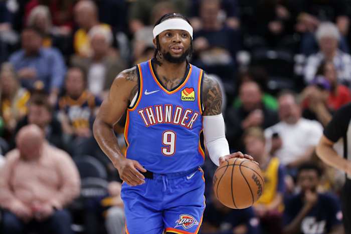 Apr 6, 2022; Salt Lake City, Utah, USA; Oklahoma City Thunder guard Zavier Simpson (9) dribbles the ball up the court during the first quarter against the Utah Jazz at Vivint Arena. Mandatory Credit: Chris Nicoll-USA TODAY Sports